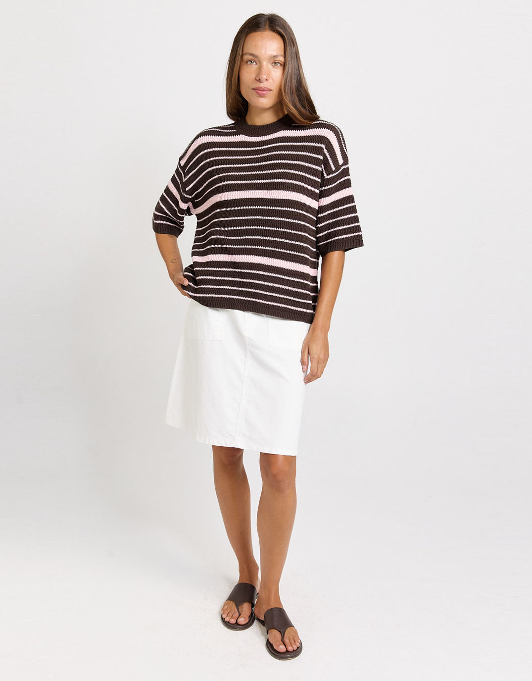 Dylan Knit Tee - Chocolate/Pink Stripe