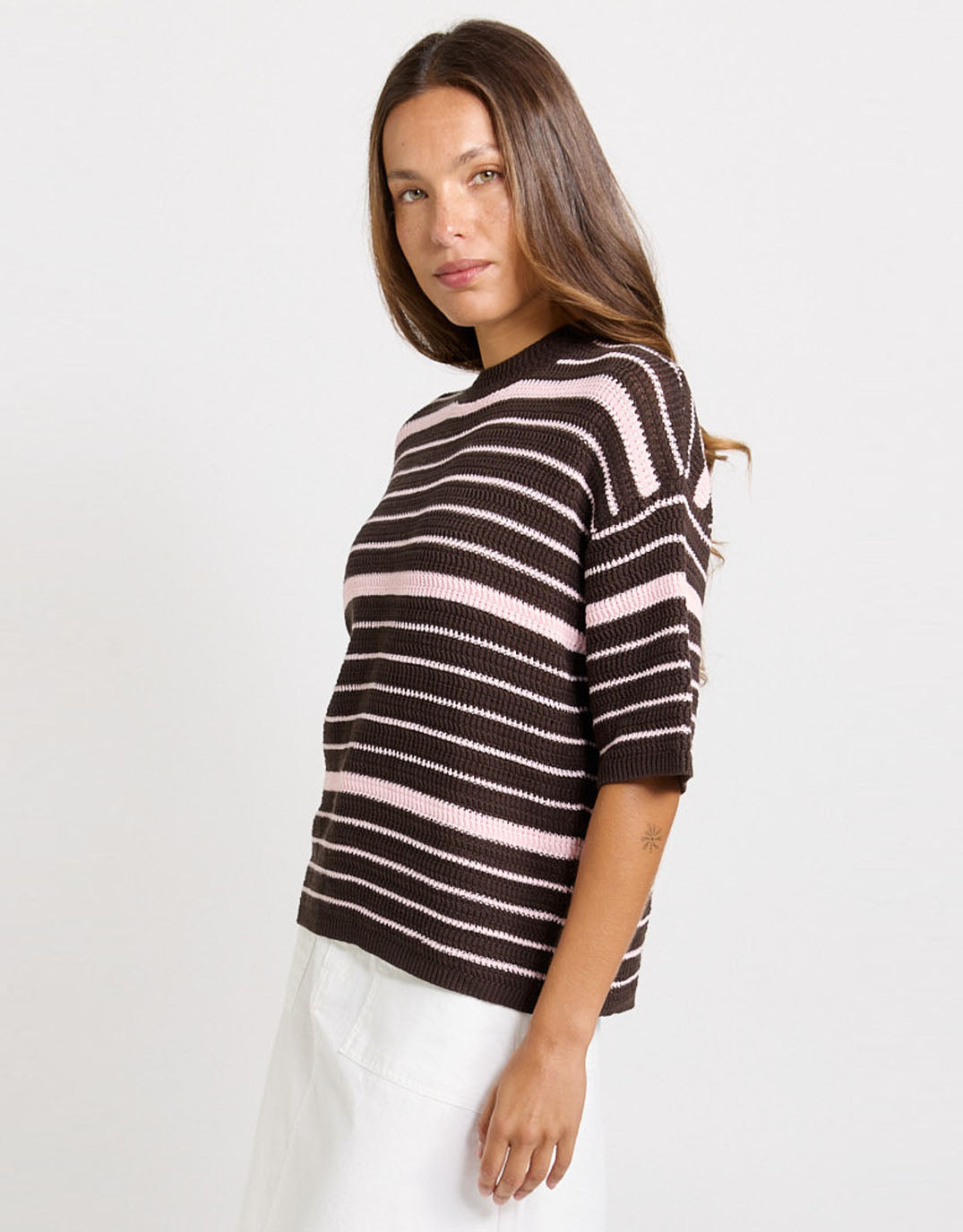 Dylan Knit Tee - Chocolate/Pink Stripe