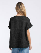 Calypso Linen Short Sleeve Top - Black