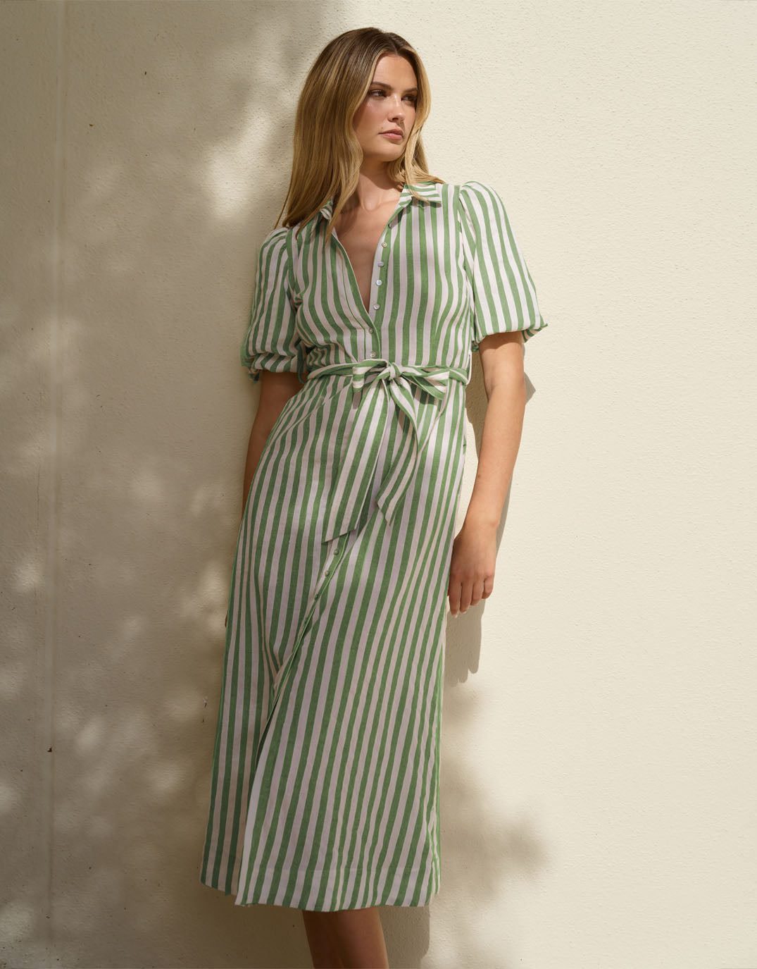 Kindred Puff Sleeve Midi Shirt Dress - Moss Stripe