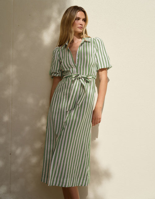 Kindred Puff Sleeve Midi Shirt Dress - Moss Stripe