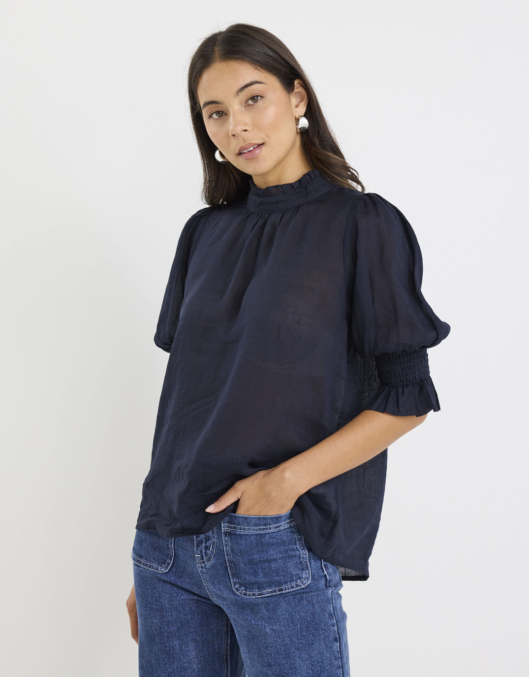by-rosa-verse-sheer-high-neck-short-sleeve-top-navy-womens-clothing