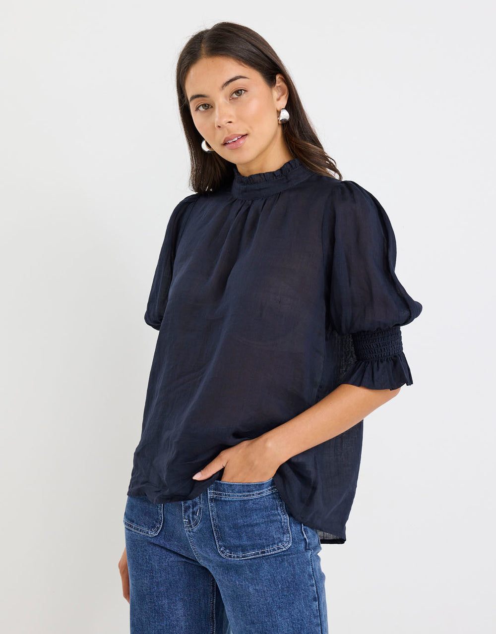 by-rosa-verse-sheer-high-neck-short-sleeve-top-navy-womens-clothing