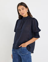 by-rosa-verse-sheer-high-neck-short-sleeve-top-navy-womens-clothing