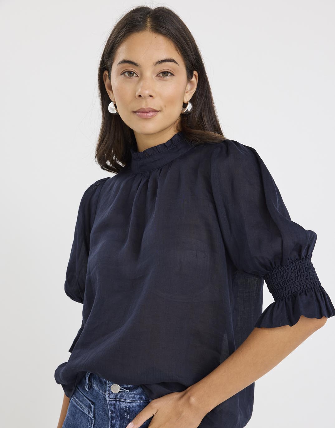 by-rosa-verse-sheer-high-neck-short-sleeve-top-navy-womens-clothing