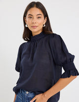 by-rosa-verse-sheer-high-neck-short-sleeve-top-navy-womens-clothing