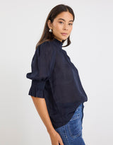 by-rosa-verse-sheer-high-neck-short-sleeve-top-navy-womens-clothing