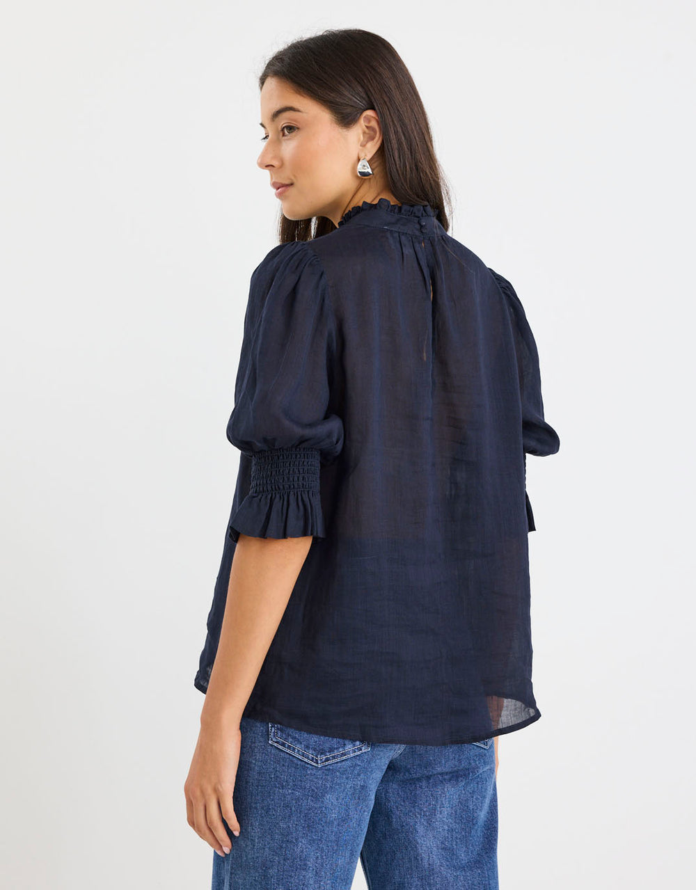 by-rosa-verse-sheer-high-neck-short-sleeve-top-navy-womens-clothing