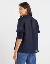 by-rosa-verse-sheer-high-neck-short-sleeve-top-navy-womens-clothing