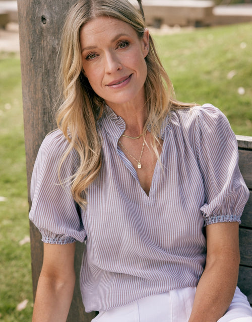Camden Ruffle Blouse - Blue/Choc Stripe