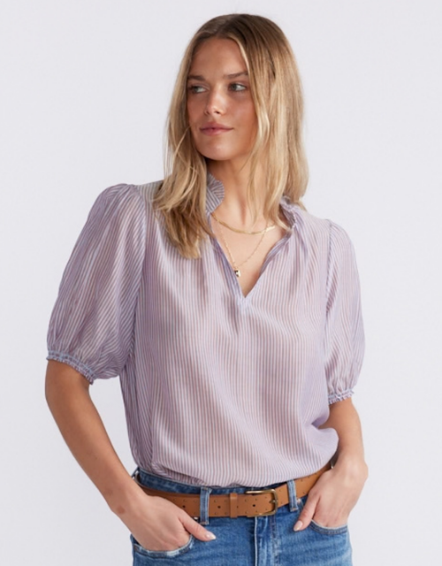 Camden Ruffle Blouse - Blue/Choc Stripe