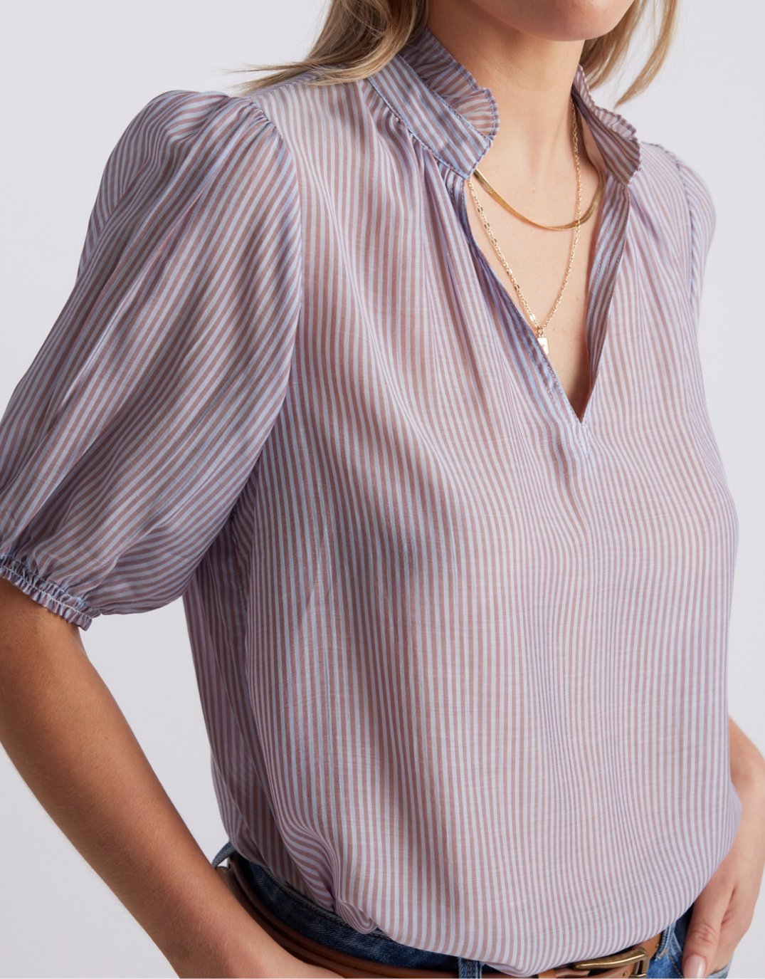 Camden Ruffle Blouse - Blue/Choc Stripe
