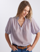 Camden Ruffle Blouse - Blue/Choc Stripe