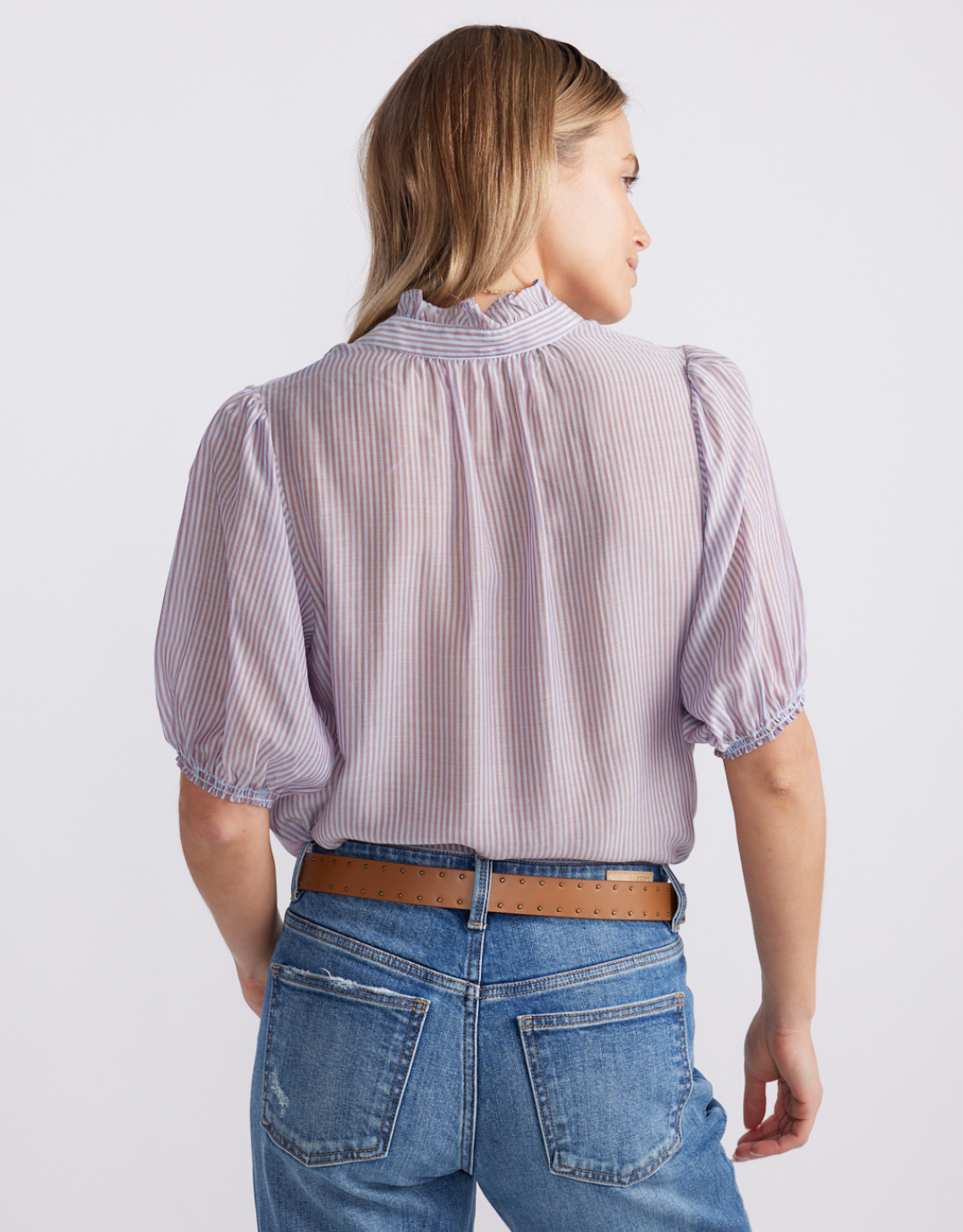 Camden Ruffle Blouse - Blue/Choc Stripe