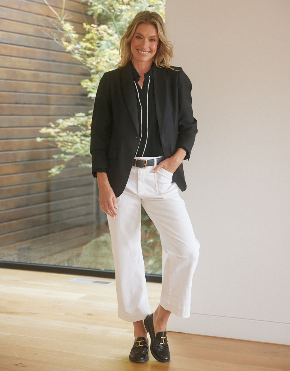 Charlize Drape Shirt - Black/White Piping