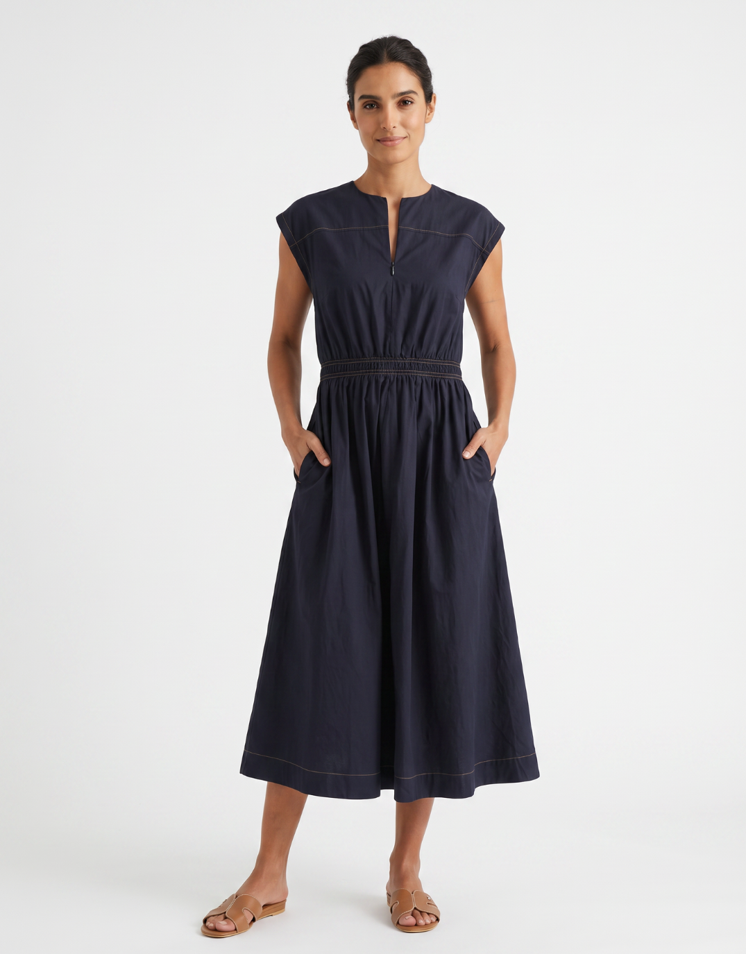 Cooper Contrast Stitch Dress - Navy/Tan