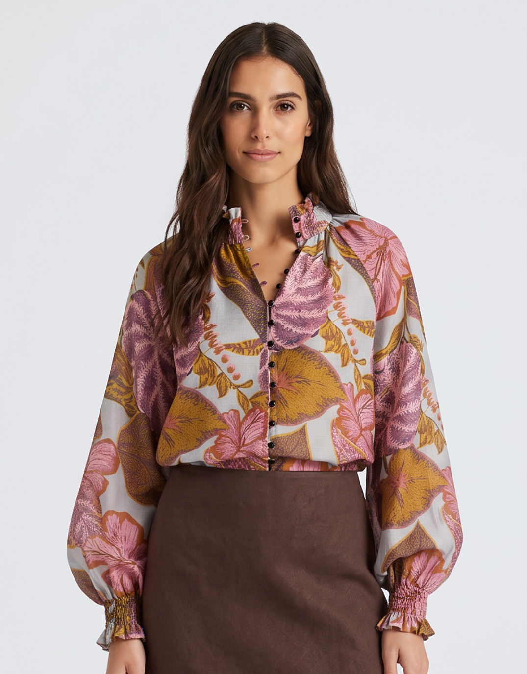 Daria Shirred Blouse - Leaf Print