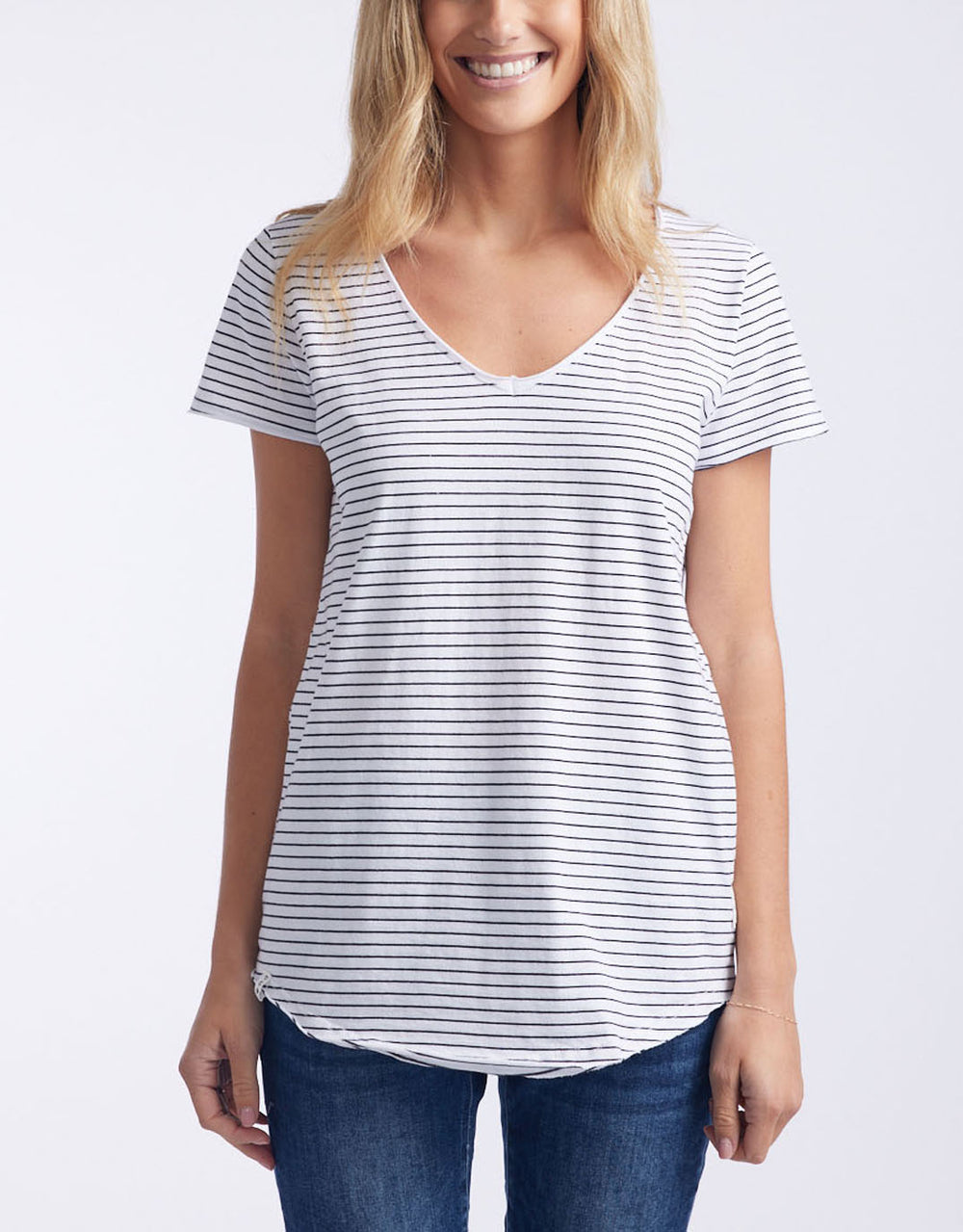 Elm - Fundamental Vee Tee - Black/White Stripe - White & Co Living Tops