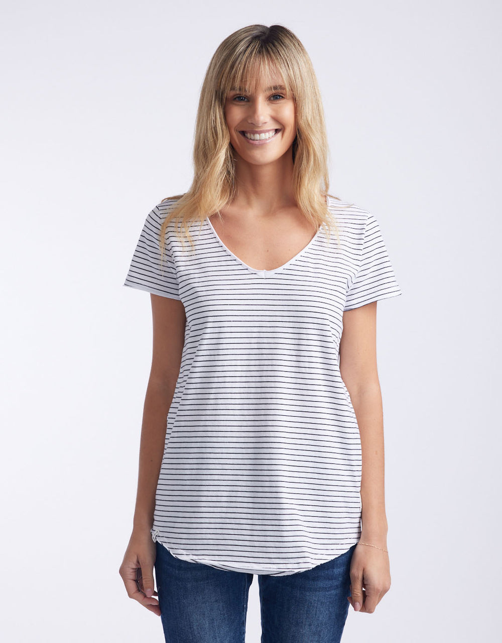 Elm - Fundamental Vee Tee - Black/White Stripe - White & Co Living Tops