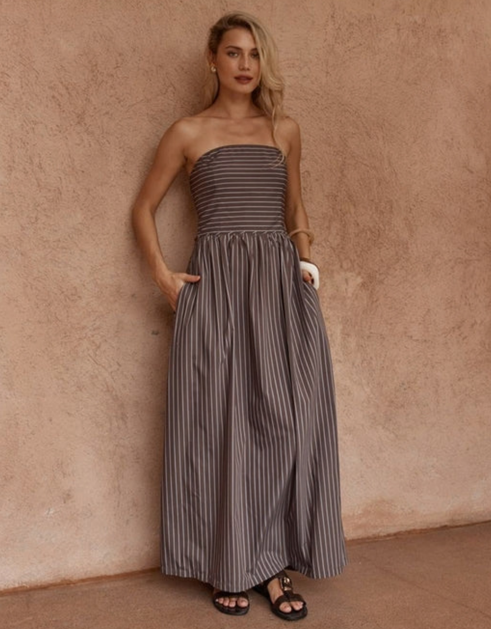 Everley Strapless Dress - Choc Stripe