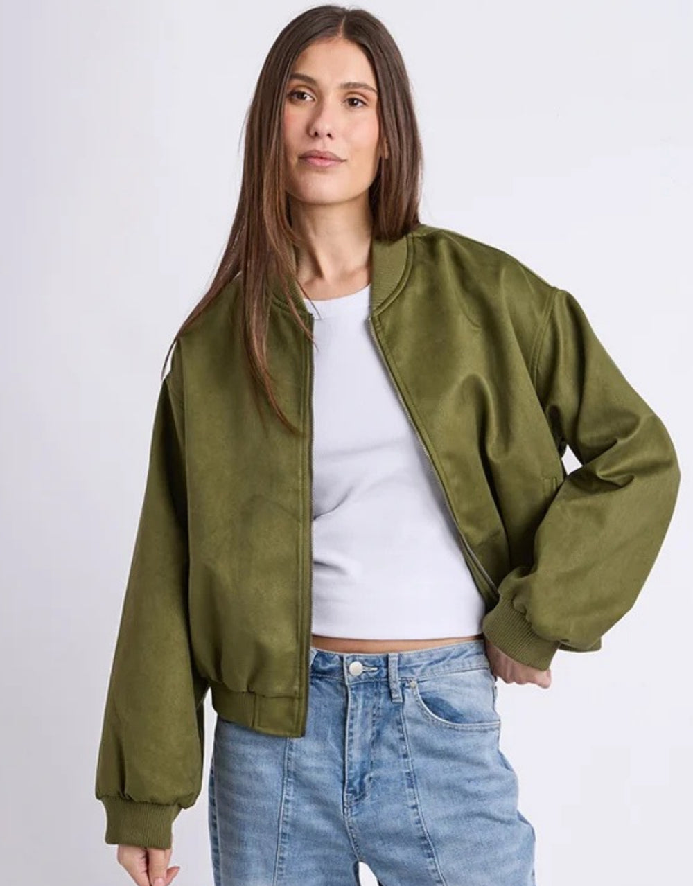 Evie Suede Bomber - Olive