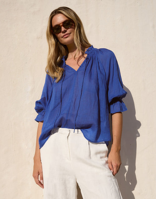 Expedition Shirred Neck Short Sleeve Top - Blue