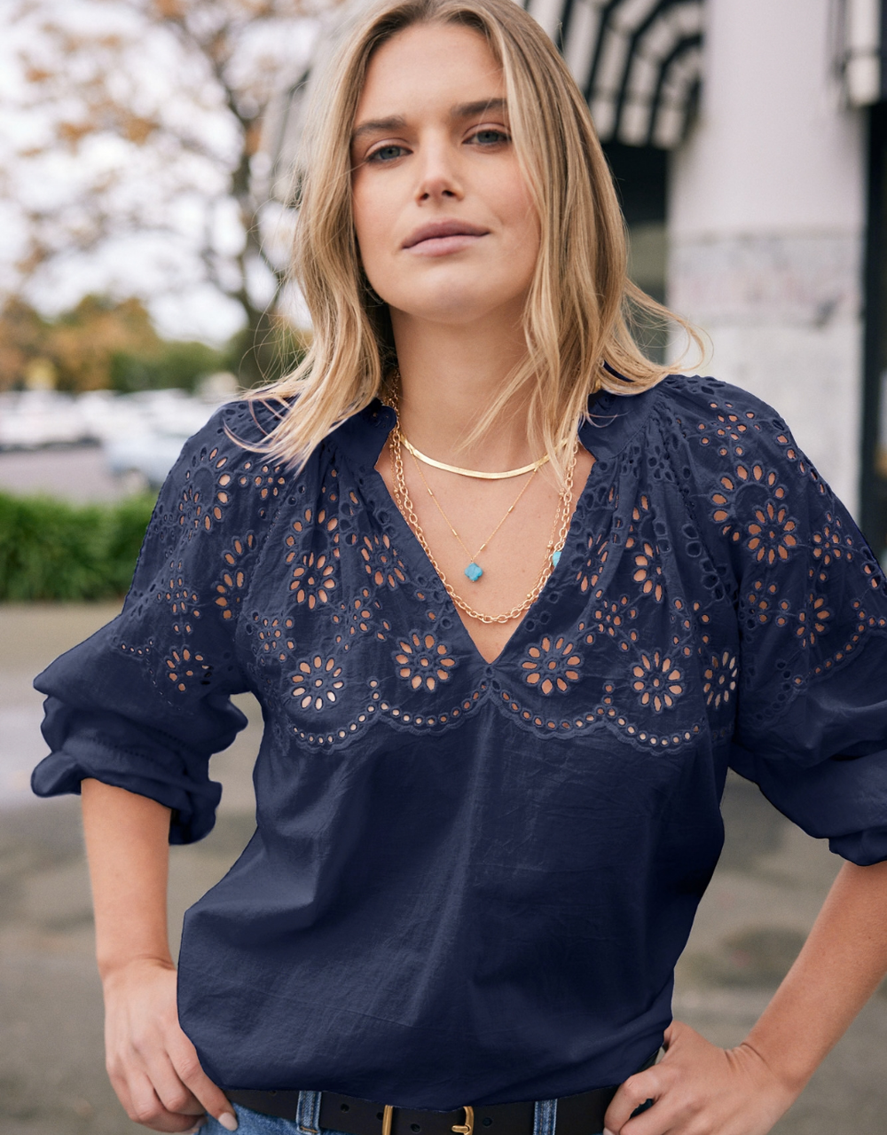 Fleur Broderie Blouse - Navy