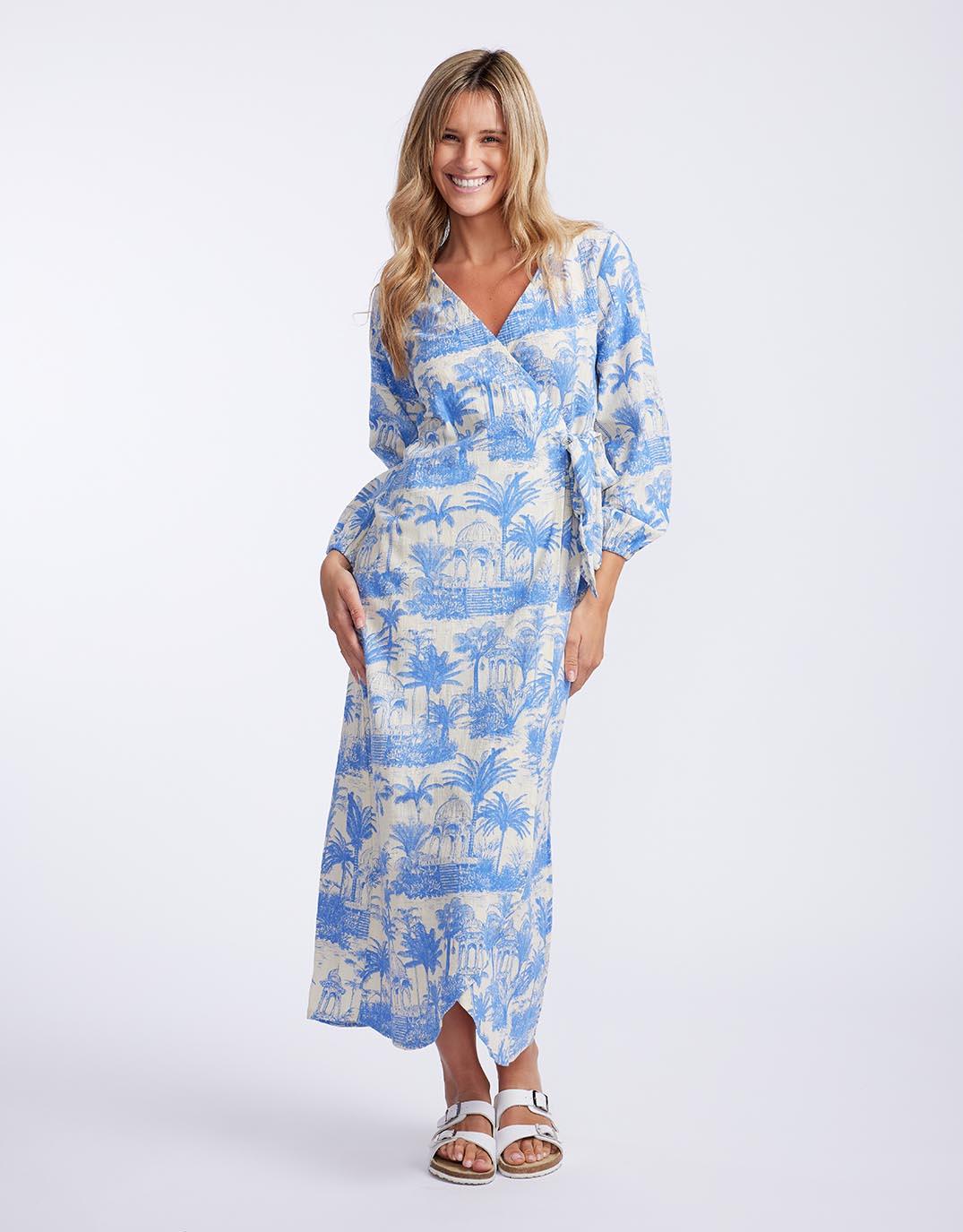 Florencia The Label - Porter Wrap Maxi Dress - Blue Palm Print - White & Co Living Dresses