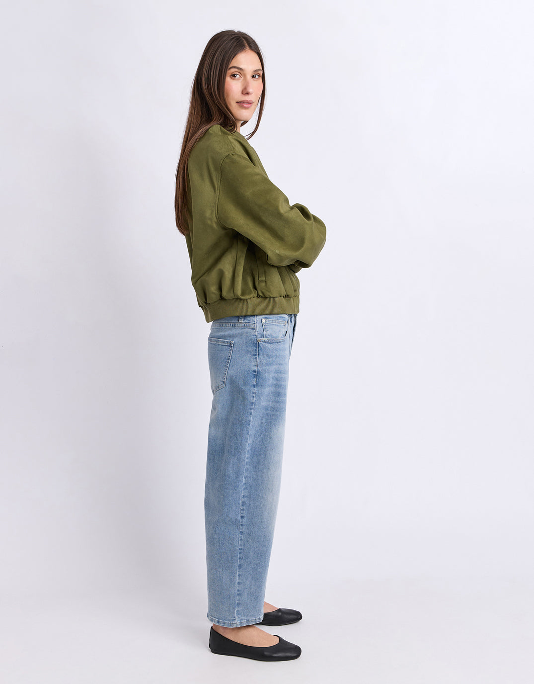 Evie Suede Bomber - Olive