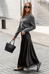 Margarita Satin Lace Trim Bias Maxi Skirt - Black