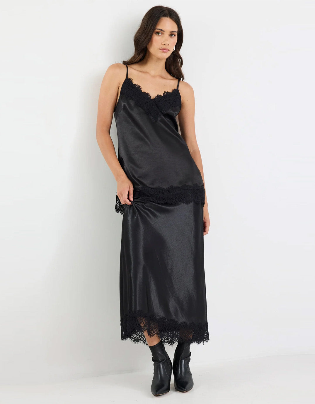 Margarita Satin Lace Trim Bias Maxi Skirt - Black