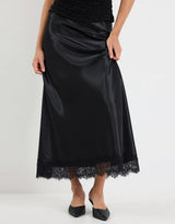 Margarita Satin Lace Trim Bias Maxi Skirt - Black