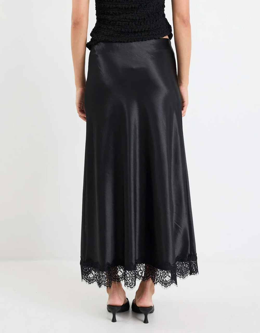 Margarita Satin Lace Trim Bias Maxi Skirt - Black