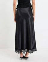 Margarita Satin Lace Trim Bias Maxi Skirt - Black