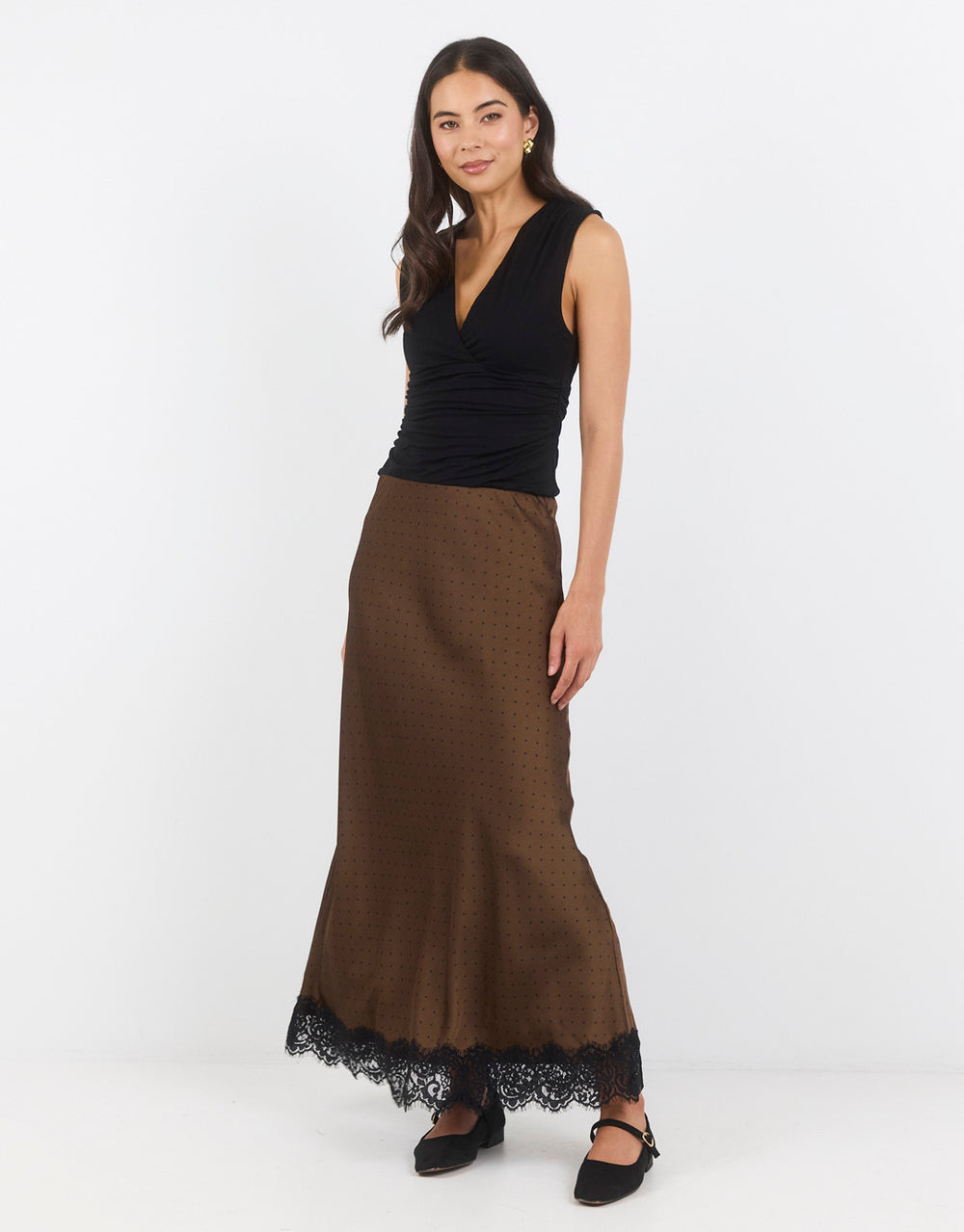 georgia-zoe-margarita-satin-lace-trim-bias-maxi-skirt-chocolate-polka-dot-womens-clothing