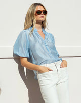Closure Sheer High Neck Buttoned Top - Pale Blue