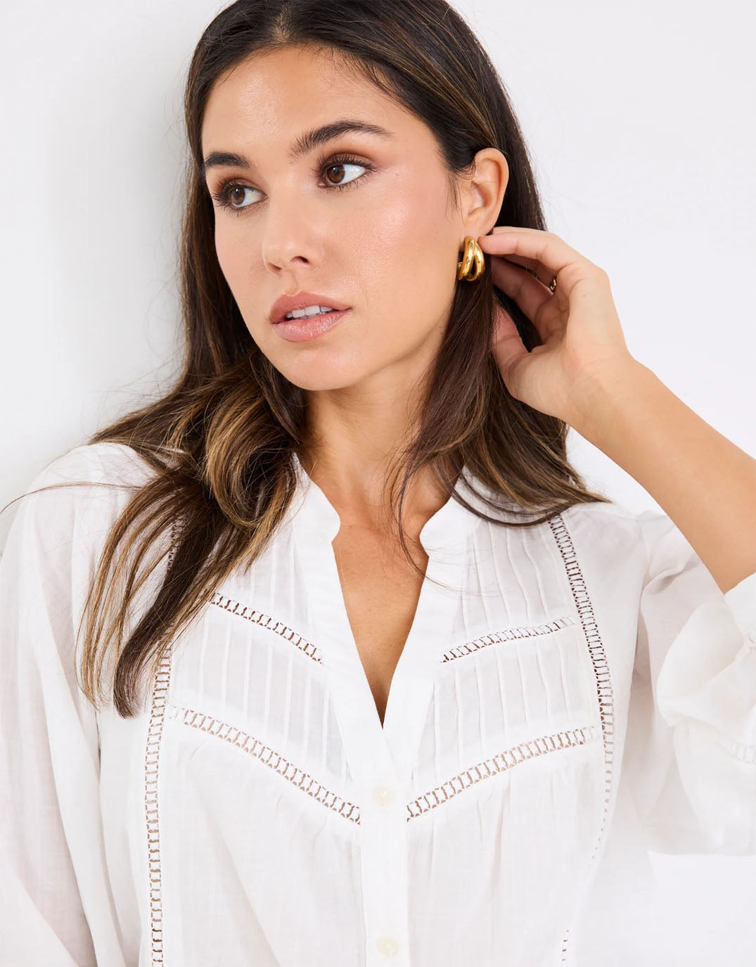 Ornamental Lace Insert Pintuck Shirt - White