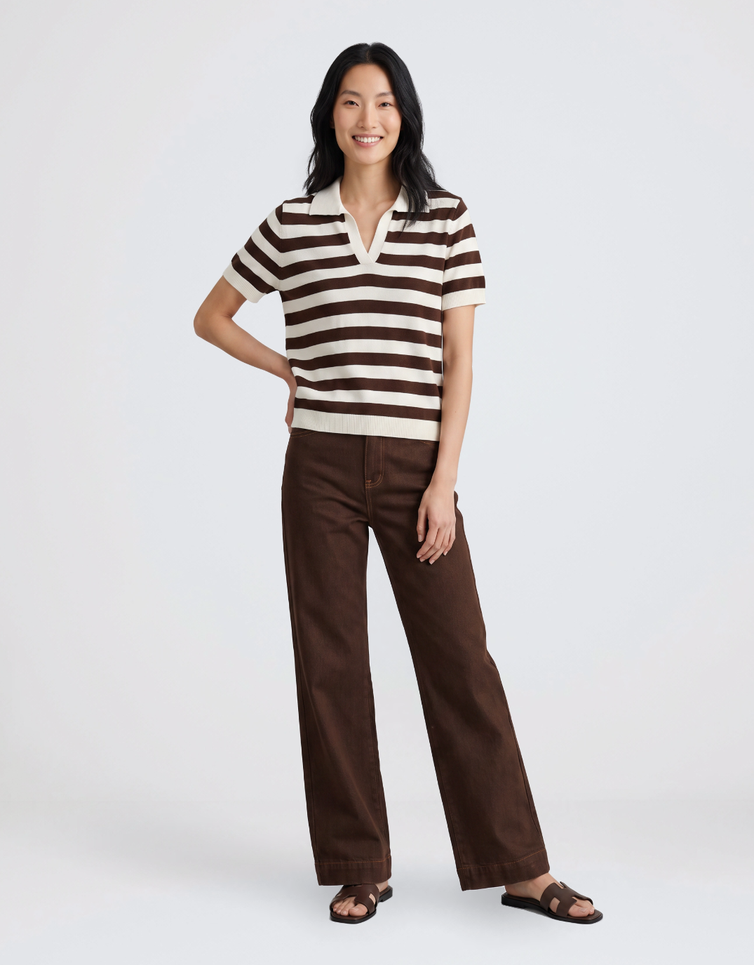 Knit Striped Polo - Chocolate/Cream