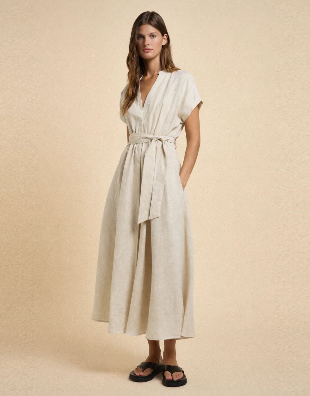 short sleeved linen dress The Linen Short-Sleeve Scoop Midi Dress main image 0