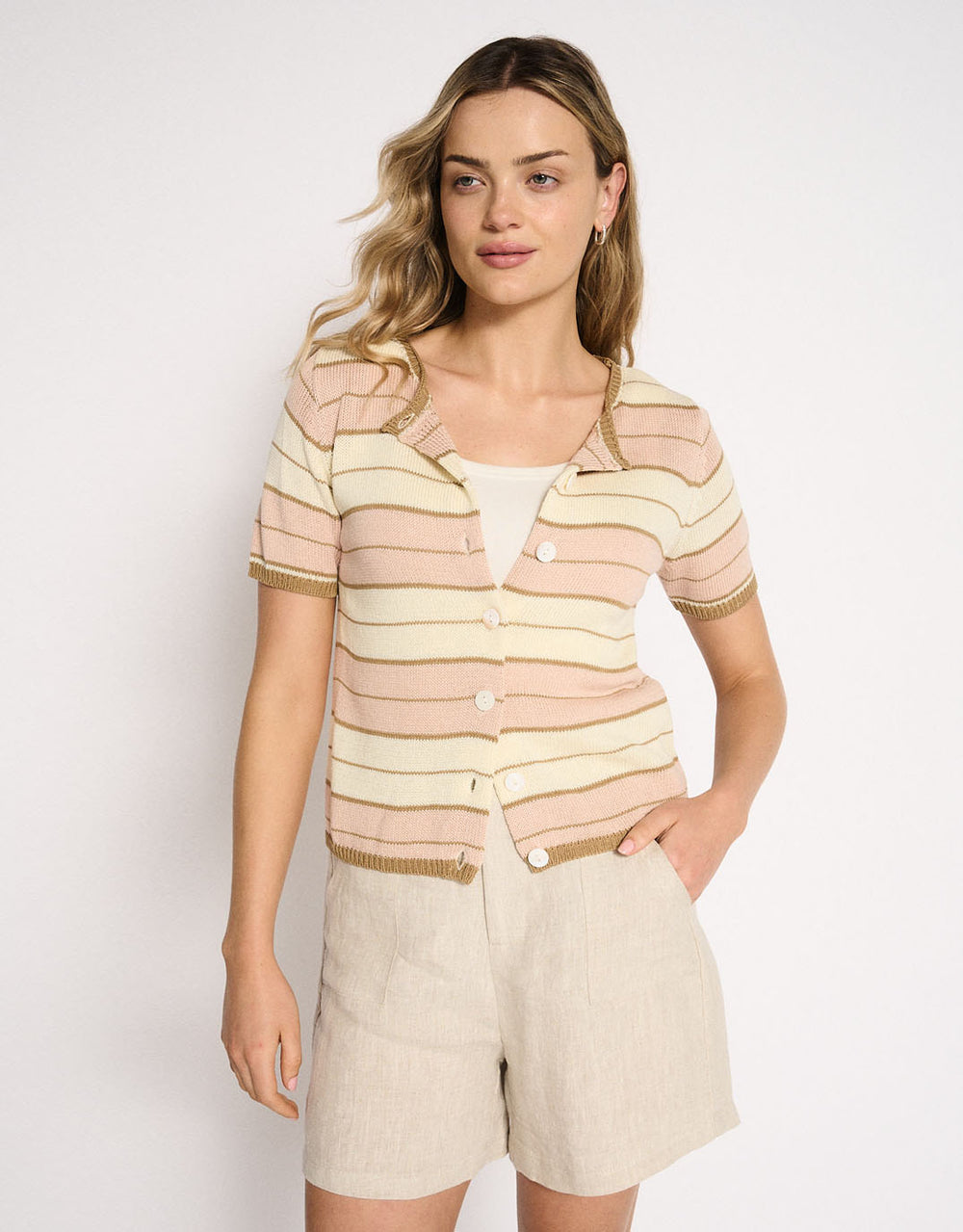 Solene Stripe Button Top - Dusty Pink