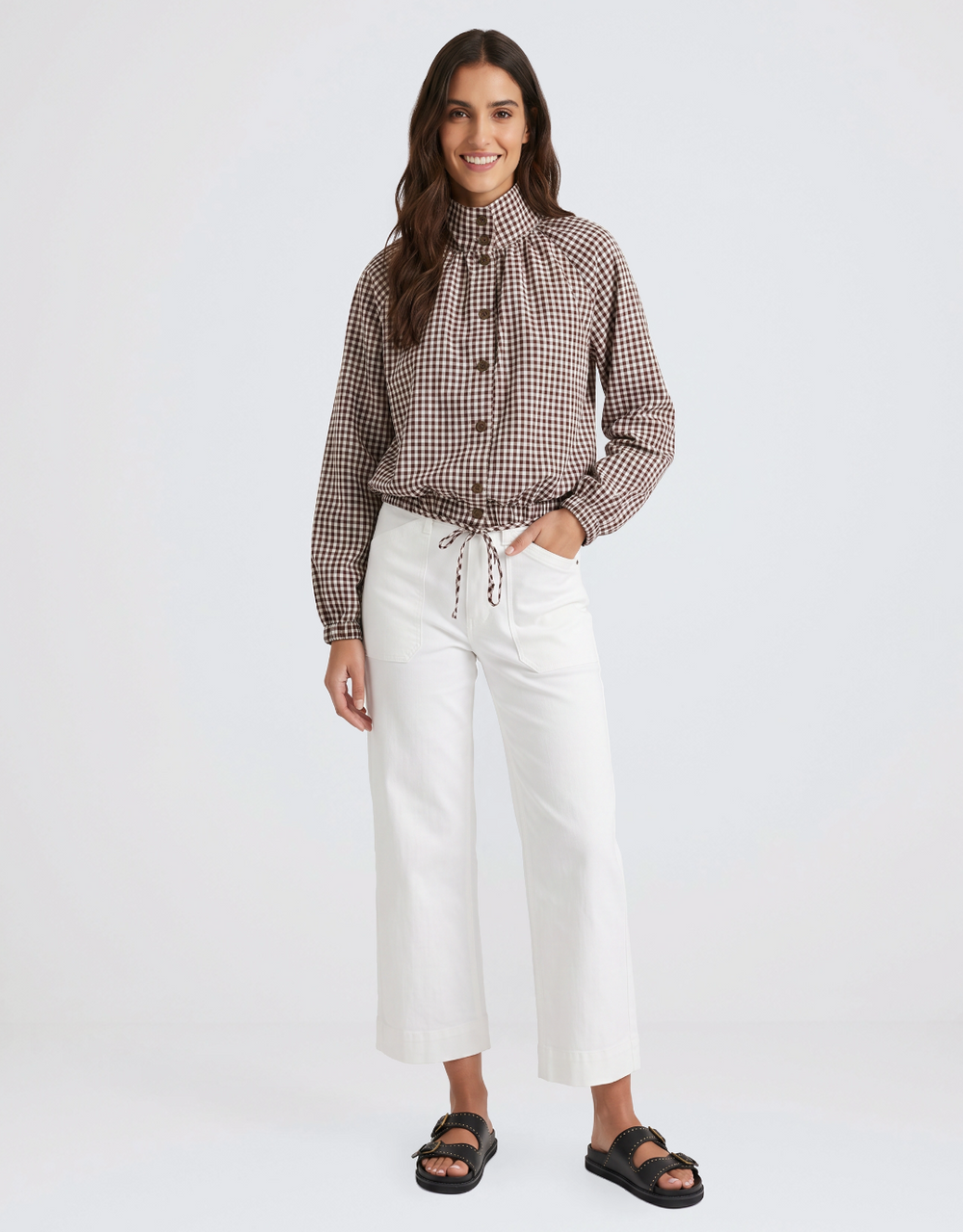 Margot Gathered Hem Shirt - Choc/White