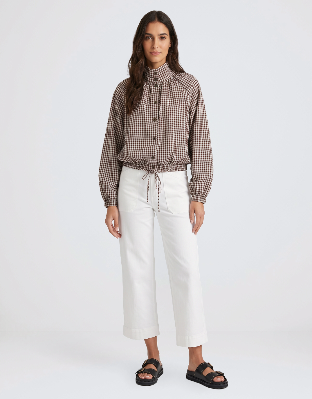 Margot Gathered Hem Shirt - Choc/White