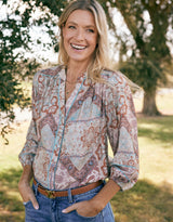 Mila Blouse - Turquoise / Choc Scarf Print
