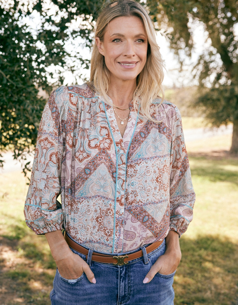 Mila Blouse - Turquoise / Choc Scarf Print