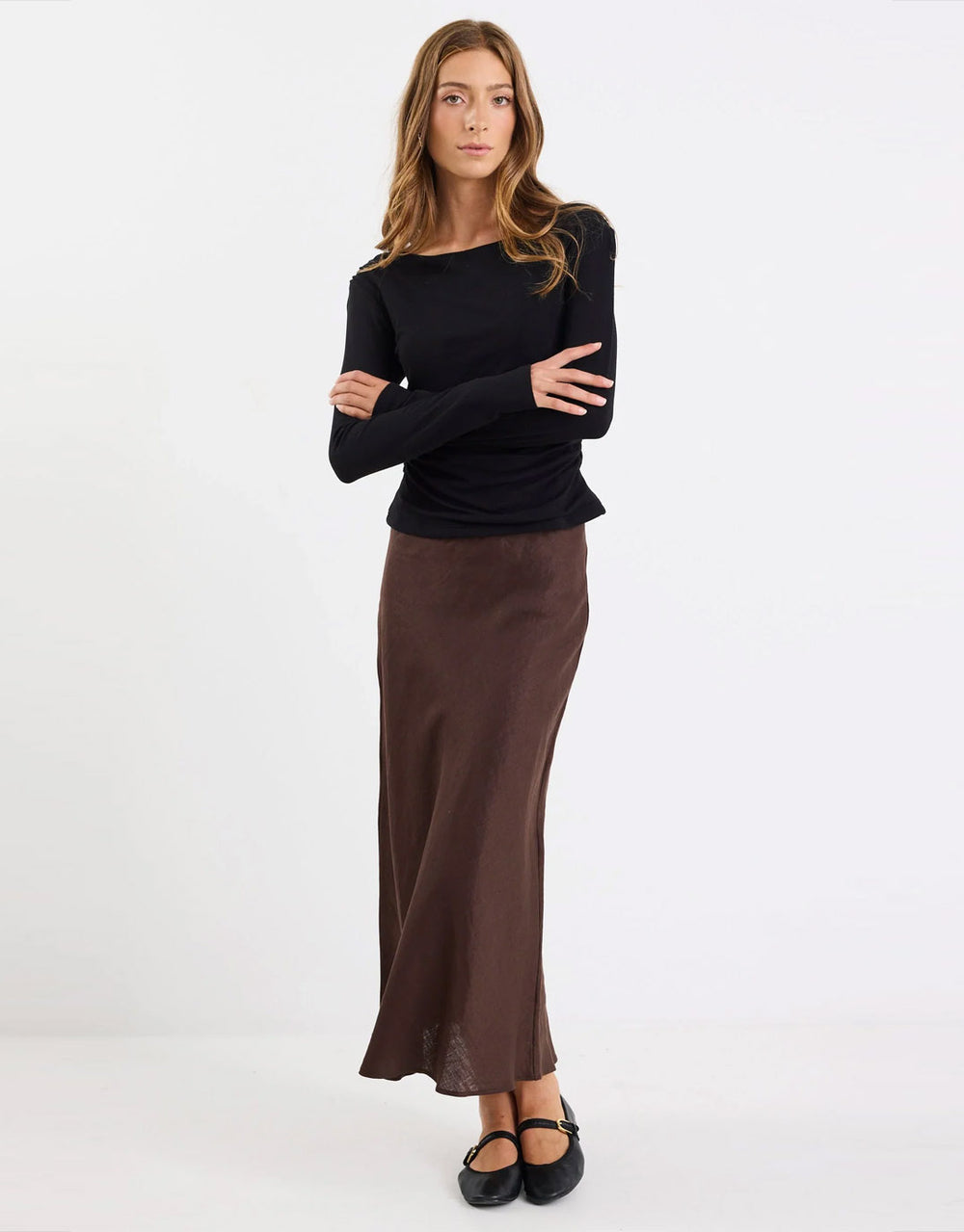 reunion-bliss-linen-bias-midi-skirt-dark-chocolate-womens-clothing