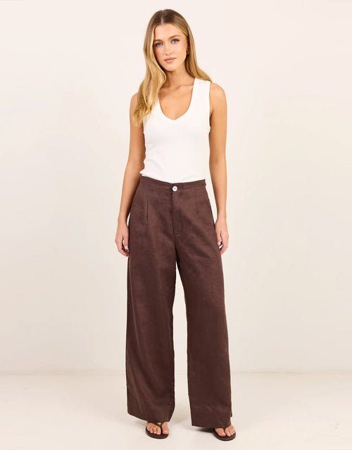 Curator Linen Pleat Front Wide Leg Pants - Dark Chocolate