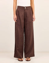 Curator Linen Pleat Front Wide Leg Pants - Dark Chocolate