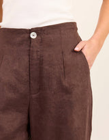 Curator Linen Pleat Front Wide Leg Pants - Dark Chocolate