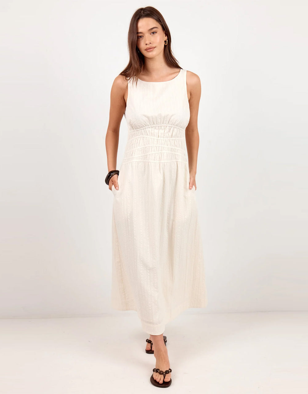 Lucent Sleeveless Abstract Shirring Midi Dress - Cream