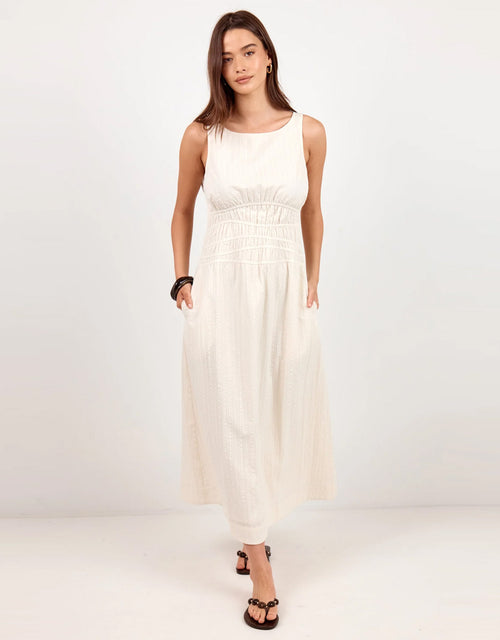 Lucent Sleeveless Abstract Shirring Midi Dress - Cream